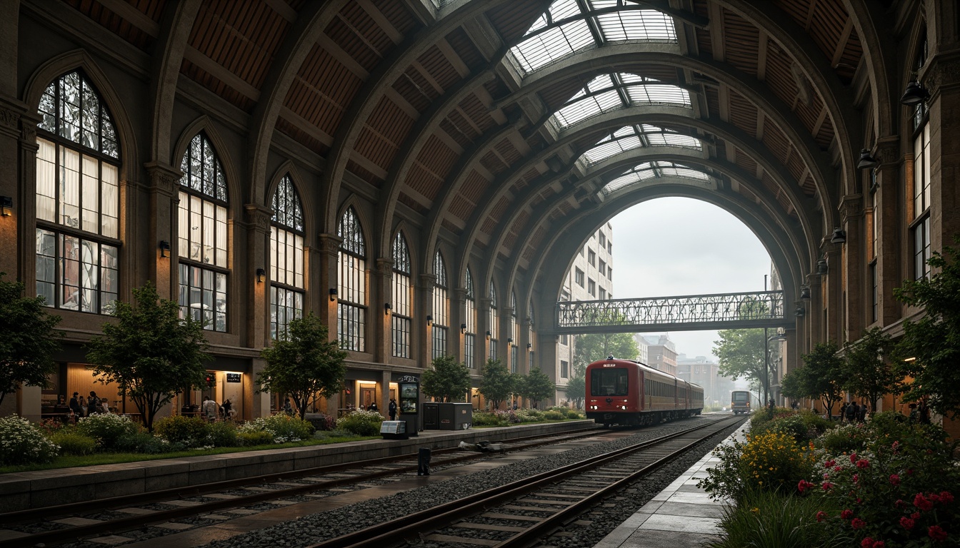 Prompt: \Mysterious Gothic train station, grandiose vaulted ceilings, ribbed arches, ornate stone carvings, stained glass windows, intricate tracery, lush greenery, vibrant flowers, natural rock formations, misty atmosphere, soft warm lighting, shallow depth of field, 3/4 composition, panoramic view, realistic textures, ambient occlusion, industrial railway tracks, modern train cars, urban cityscape, bustling streets, historic architecture, eclectic mix of old and new, contrasting materials, dramatic shadows, cinematic mood.\