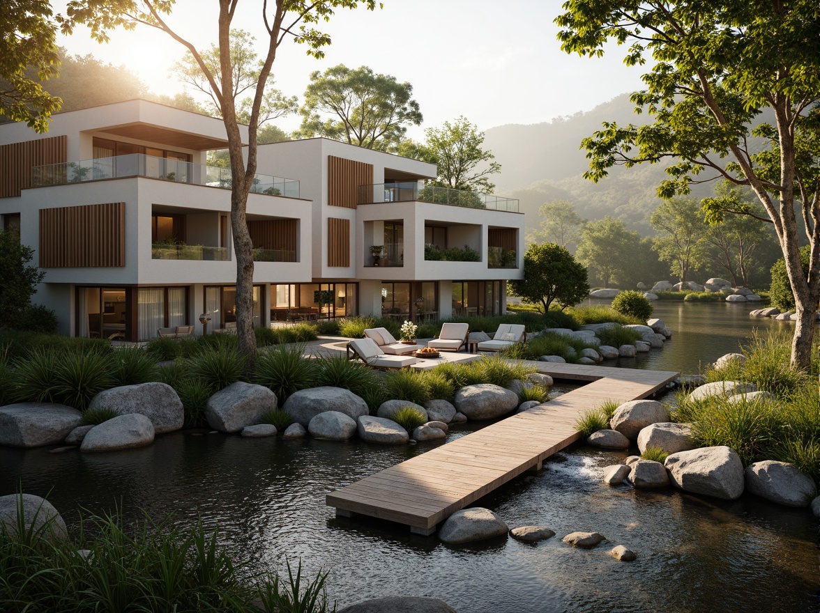 Prompt: Riverbank villa, natural stone foundation, wooden bridge connection, lush greenery surroundings, serene water flow, tranquil atmosphere, modern minimalist architecture, large windows, sliding glass doors, wooden accents, outdoor seating areas, scenic river views, misty morning light, warm golden lighting, shallow depth of field, 3/4 composition, realistic textures, ambient occlusion.