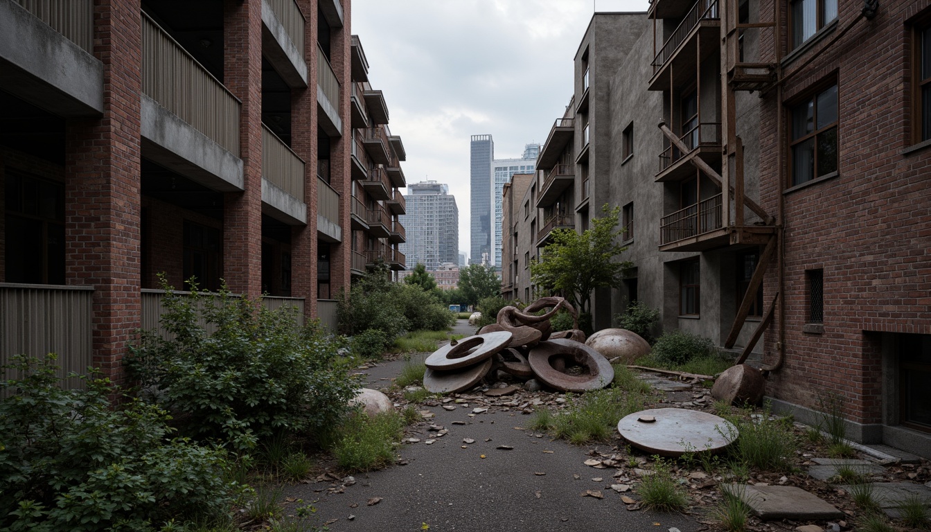 Prompt: Abandoned industrial sites, crumbling brick walls, rusty metal frameworks, overgrown vegetation, abstract sculptures, fragmented cityscapes, cinematic lighting, high-contrast shadows, eerie atmosphere, avant-garde architecture, deconstructivist principles, unconventional forms, jagged edges, exposed ductwork, distressed textures, urban decay, post-apocalyptic feel, cinematic framing, low-angle shots, Dutch angles, atmospheric sound design, gritty color palette.