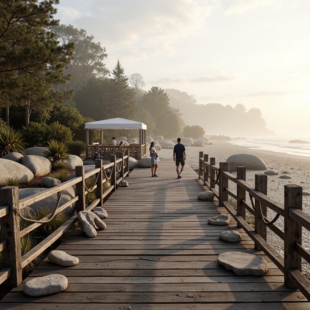 Prompt: Weathered wooden docks, rustic rope railings, driftwood sculptures, sea-eroded stones, ocean-battered pebbles, sandy shores, tidal flats, misty mornings, soft warm lighting, shallow depth of field, 3/4 composition, realistic textures, ambient occlusion, beachside vegetation, wind-swept trees, salt-tolerant plants, nautical-themed decorations, distressed finishes, reclaimed wood accents, ocean-inspired color palette, serene atmosphere.