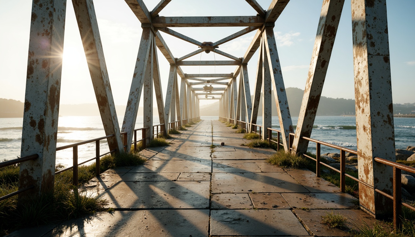 Prompt: Rugged coastal bridge, weathered steel beams, rusty metal railings, worn wooden planks, rough-hewn stone piers, salty sea air, crashing ocean waves, seagulls flying overhead, misty morning fog, warm sunlight on cool concrete, gentle breeze whispers, ocean spray splashing, driftwood accents, nautical rope details, distressed paint finishes, coral-inspired colors, subtle gradient lighting, cinematic atmosphere, realistic normal maps, detailed 3D modeling.