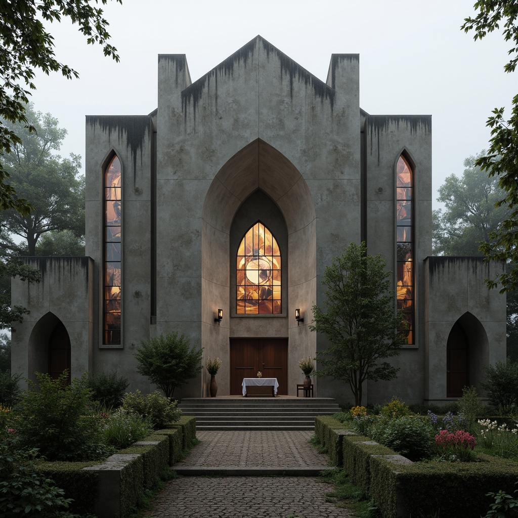 Prompt: Rugged brutalist church, asymmetrical facade, raw concrete textures, dramatic natural light, stained glass windows, minimalist interior, earthy color palette, overgrown vegetation, moss-covered walls, weathered stone accents, mysterious atmosphere, foggy day, soft diffused lighting, shallow depth of field, 1/1 composition, symmetrical framing, realistic renderings, ambient occlusion.