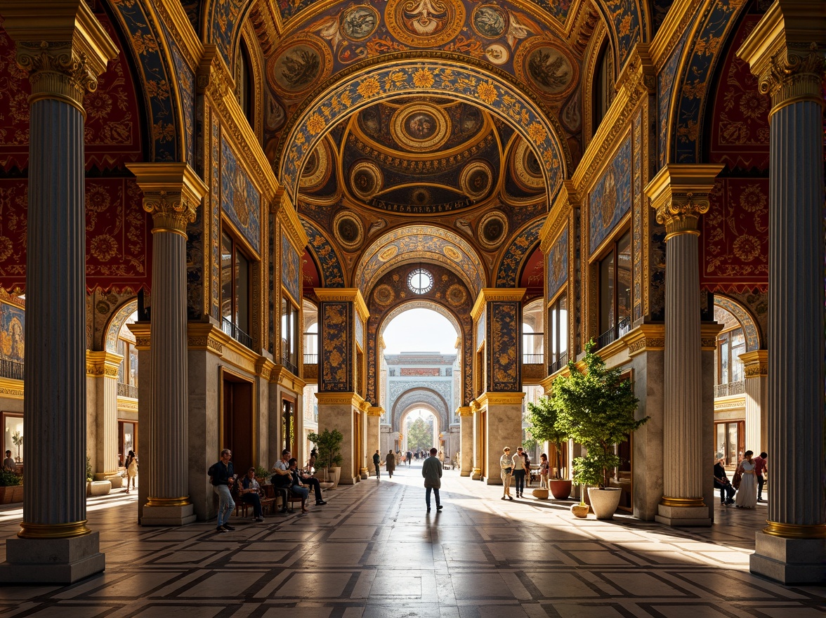 Prompt: Intricate mosaics, golden domes, ornate columns, lavish archways, richly patterned textiles, vibrant apse murals, elaborate stone carvings, polished marble floors, grandiose entrance doors, ornamental capitals, gilded accents, rich jewel-toned colors, dramatic lighting effects, high-contrast shadows, 1/2 composition, atmospheric perspective, detailed textures, ambient occlusion.