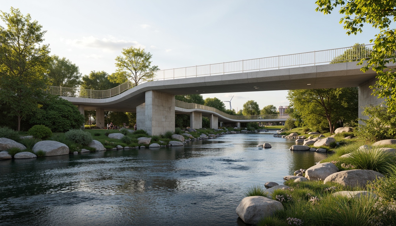 Prompt: Elegant bridge structure, flowing waterways, lush green banks, natural stone foundations, curved lines, minimalist design, sustainable materials, eco-friendly construction, energy-efficient systems, renewable energy sources, solar panels, wind turbines, vibrant aquatic life, serene atmosphere, soft warm lighting, shallow depth of field, 3/4 composition, panoramic view, realistic textures, ambient occlusion.Let me know if this meets your requirements!