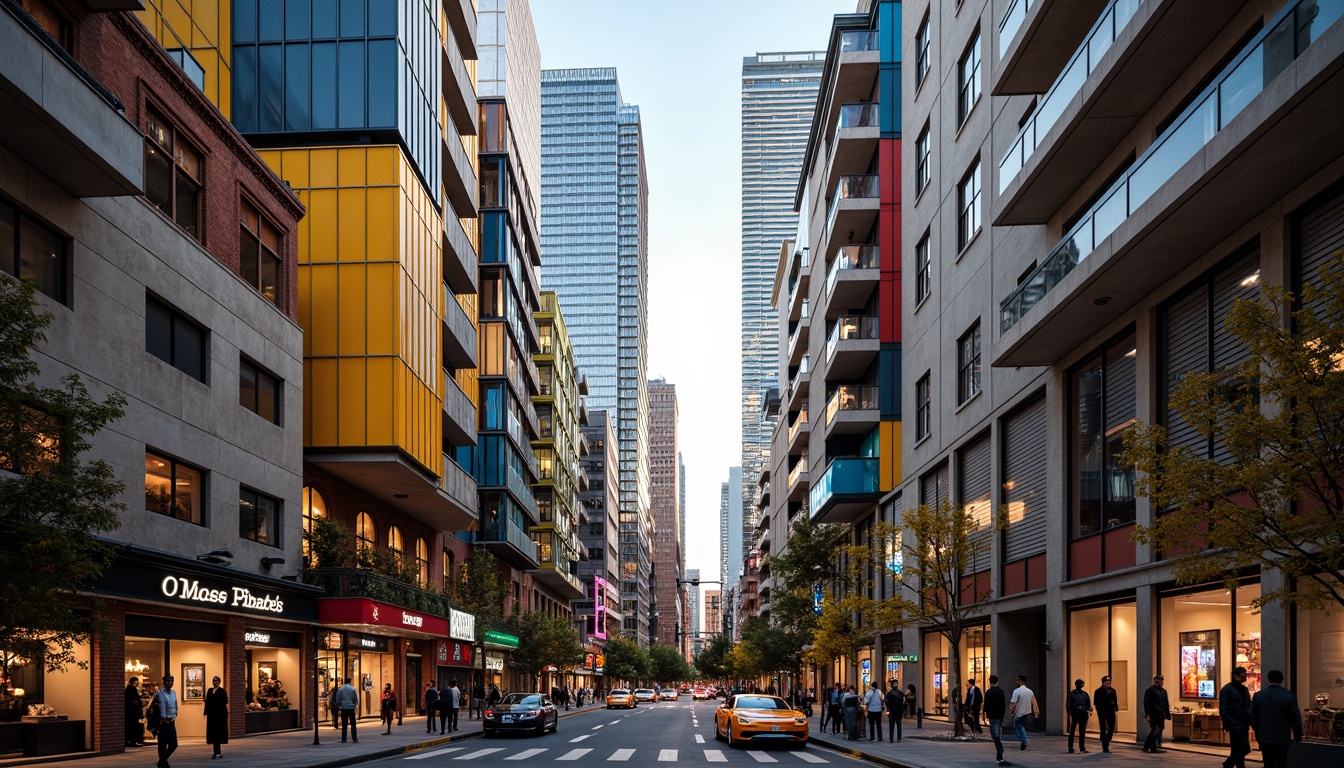 Prompt: Vibrant cityscape, urban skyscrapers, eclectic mix of materials, bold color blocking, contrasting textures, metallic accents, neon lights, futuristic tone, sleek glass towers, modernist architecture, brutalist concrete, industrial chic, edgy street art, graffiti walls, trendy boutique hotels, hipster cafes, bustling streets, warm golden lighting, shallow depth of field, 1/2 composition, realistic reflections, ambient occlusion.