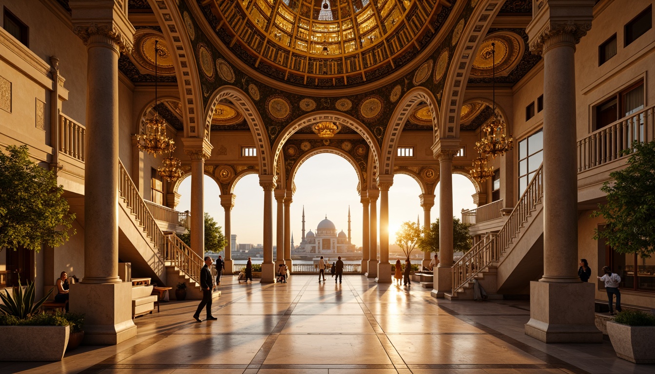 Prompt: Golden domes, intricate mosaics, ornate arches, grandiose entrances, marble columns, richly textured stone walls, Byzantine-inspired ornamentation, luxurious balconies, grand staircases, opulent chandeliers, lavish foyers, majestic city skyline, dramatic sunsets, warm golden lighting, shallow depth of field, 2/3 composition, high-angle shot, realistic reflections, ambient occlusion.