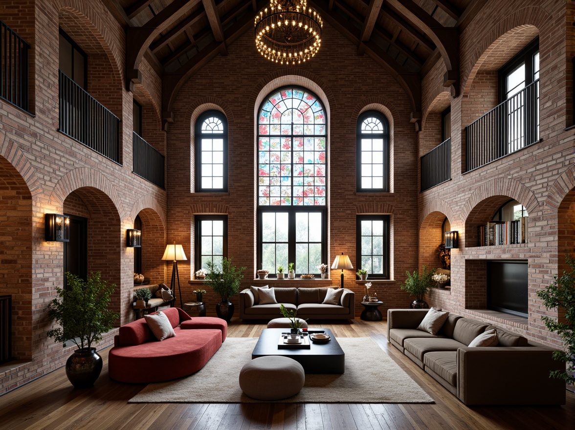 Prompt: Exquisite loft interior, Romanesque arches, rustic stone walls, wooden beam ceilings, grand chandeliers, ornate metalwork, luxurious velvet furniture, rich wood accents, intricate carvings, stunning stained glass windows, dramatic high ceilings, open-plan living area, minimalist decor, industrial-chic lighting fixtures, exposed brick walls, reclaimed wood floors, cozy reading nooks, warm ambient lighting, shallow depth of field, 2/3 composition, atmospheric perspective.