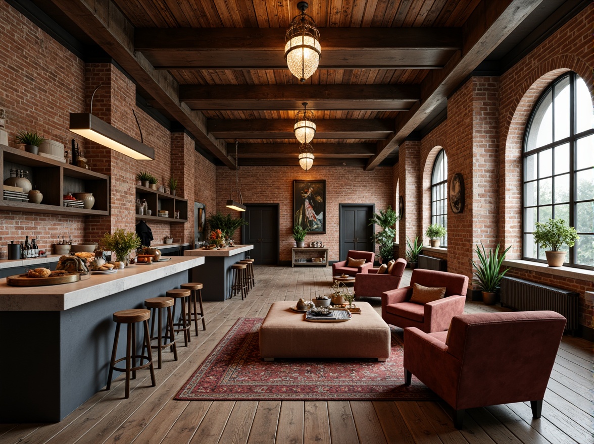 Prompt: Rustic loft interior, distressed brick walls, exposed wooden beams, metal accents, reclaimed wood floors, industrial-style lighting fixtures, earthy tone color palette, natural stone countertops, ornate Romanesque archways, grandiose chandeliers, plush velvet furniture, rich leather upholstery, vintage decorative items, eclectic artwork, warm cozy ambiance, softbox lighting, 1/2 composition, shallow depth of field, cinematic camera angles.