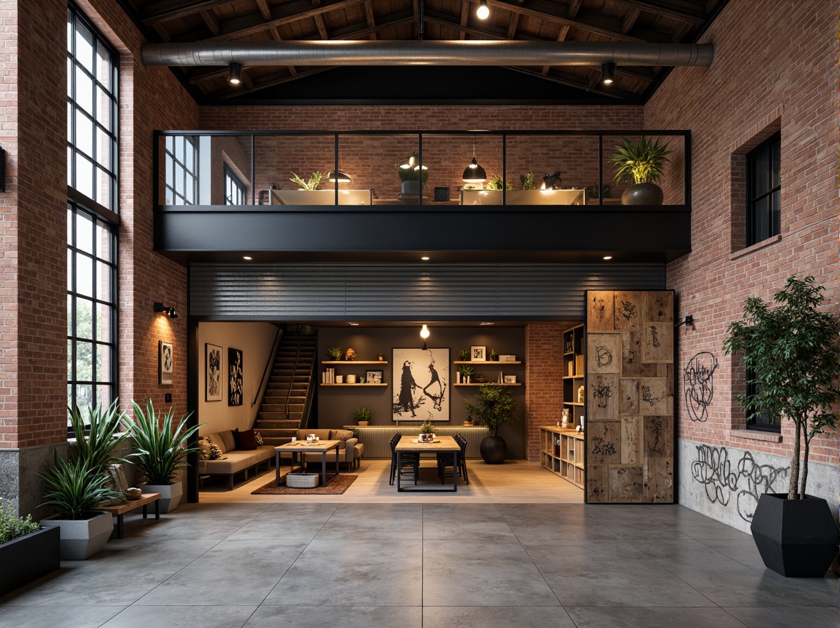 Prompt: Exposed brick facade, industrial metal accents, reclaimed wood features, large sliding glass doors, corrugated metal cladding, weathered steel beams, vintage factory windows, urban graffiti, gritty concrete floors, distressed wooden crates, eclectic decorative lighting, edgy modern art installations, converted warehouse interior, open-plan layout, high ceiling clearance, minimalist chic decor, functional industrial piping, natural ventilation systems, warm softbox lighting, 1-point perspective composition, realistic rusty textures, ambient atmospheric fog.