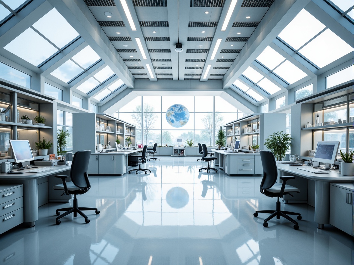 Prompt: Futuristic laboratory, sleek polycarbonate walls, transparent roofing, modern minimalist design, high-tech equipment, stainless steel workstations, ergonomic chairs, sterile flooring, bright LED lighting, shallow depth of field, 3/4 composition, panoramic view, realistic reflections, ambient occlusion.