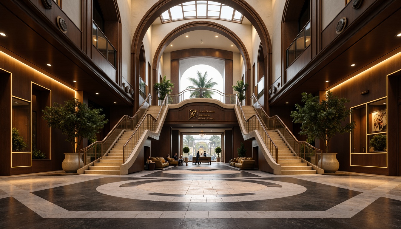 Prompt: Grand entrance, symmetrical composition, ornate details, elegant curves, luxurious materials, metallic accents, glass railings, subtle lighting effects, warm ambient glow, inviting atmosphere, modern minimalist aesthetic, clean lines, geometric patterns, sleek columns, imposing scale, dramatic shadows, shallow depth of field, 1/1 composition, realistic textures, ambient occlusion.