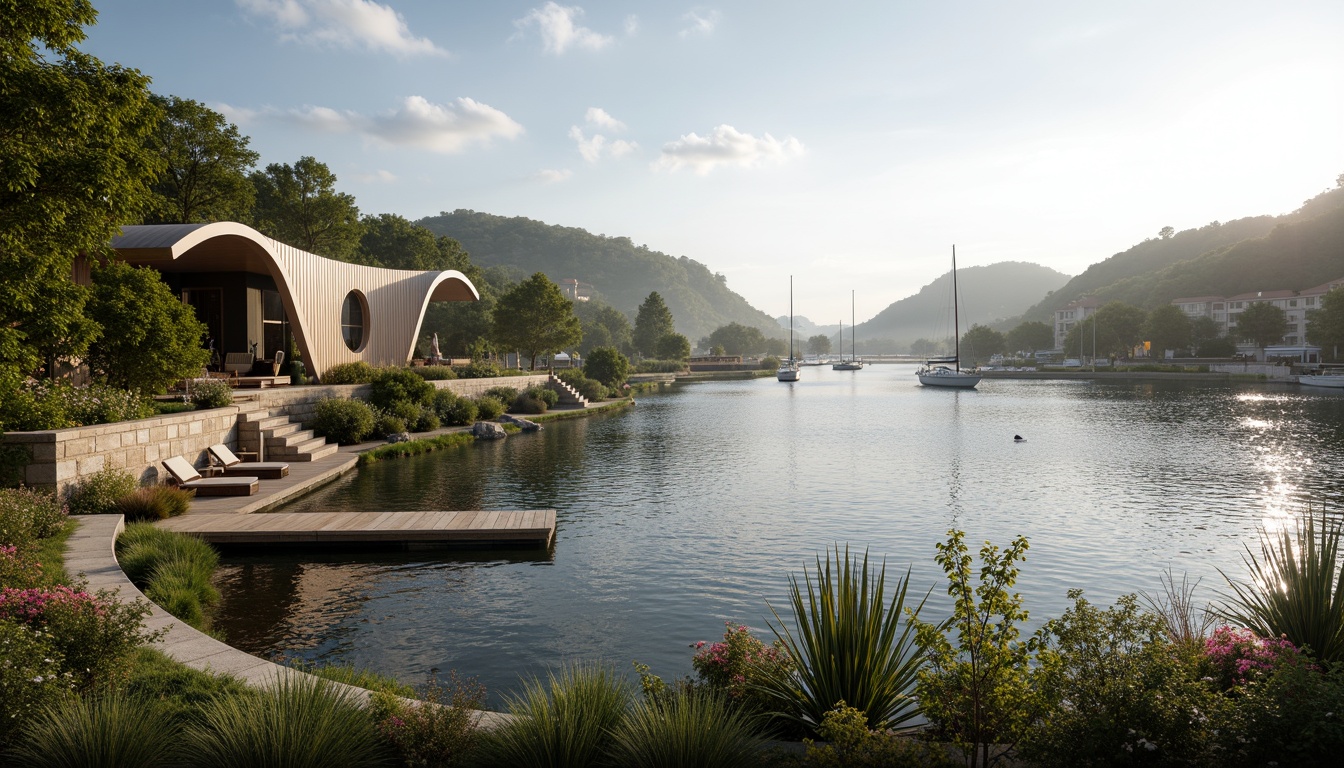 Prompt: Riverbank villa, curvaceous lines, natural stone fa\u00e7ade, wooden dock, rippling water, lush greenery, vibrant flowers, sailboats, waterfront promenade, scenic views, misty morning, soft warm lighting, shallow depth of field, 1/1 composition, panoramic view, realistic textures, ambient occlusion, tranquil atmosphere.