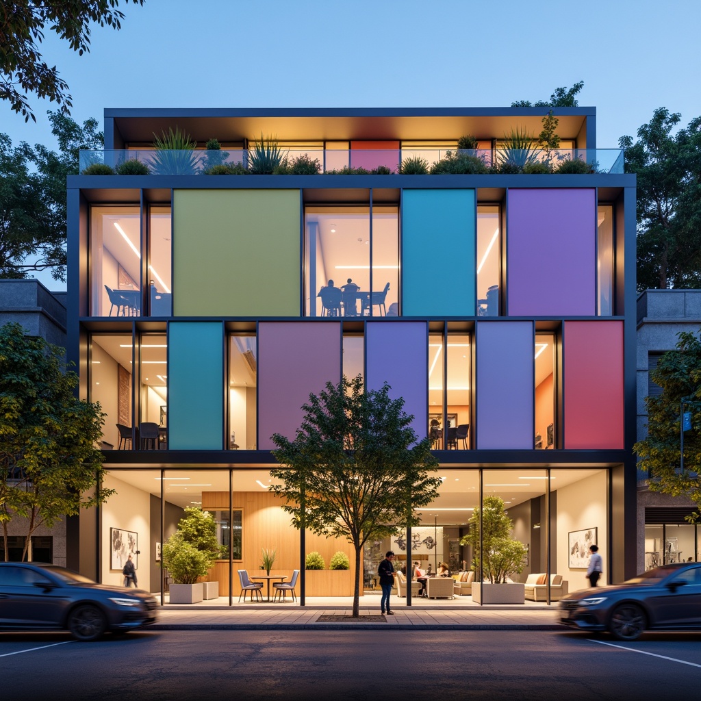 Prompt: Vibrant architectural facade, harmonious color palette, contrasting hues, bold accents, pastel shades, monochromatic scheme, natural stone textures, sleek metal frames, reflective glass surfaces, warm ambient lighting, cool tone shadows, modern minimalist aesthetic, functional color coding, accessibility considerations, ergonomic design principles, intuitive wayfinding systems, calming atmosphere, stimulating visual interest, 1/1 composition, high-contrast ratio, dramatic focal points, realistic material renderings.