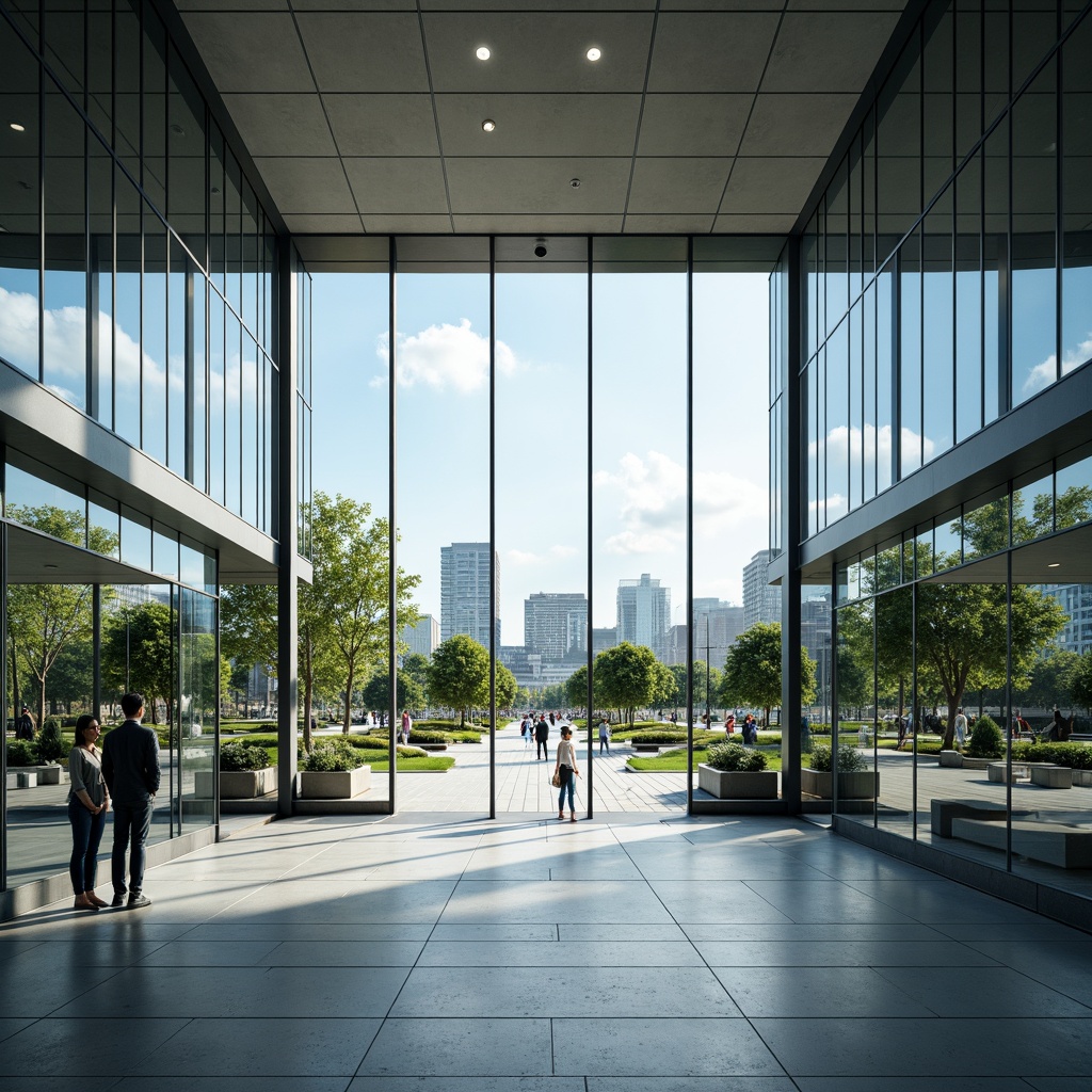 Prompt: Glass facade, minimalist interior, open layout, natural light pouring in, sleek metal frames, transparent floors, reflective ceilings, modern LED lighting, futuristic ambiance, urban cityscape, busy streets, green parks, sunny day, shallow depth of field, 3/4 composition, panoramic view, realistic textures, ambient occlusion.