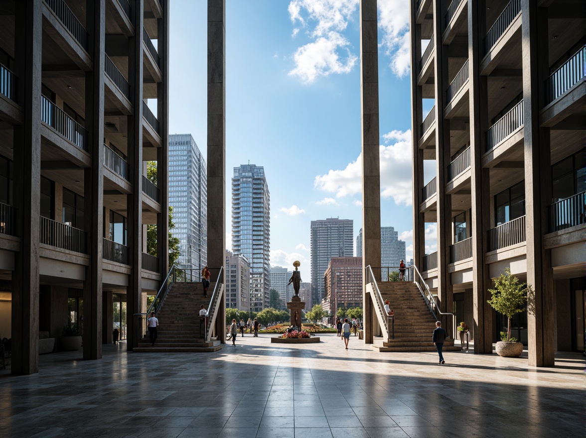 Prompt: Grand courthouse building, modernist architecture, sleek glass fa\u00e7ade, metallic accents, symmetrical columns, grand entrance staircase, marble flooring, high ceilings, natural light pouring, abstract sculptures, urban cityscape background, clear blue sky, dramatic shading, 3/4 composition, shallow depth of field, realistic textures, ambient occlusion.