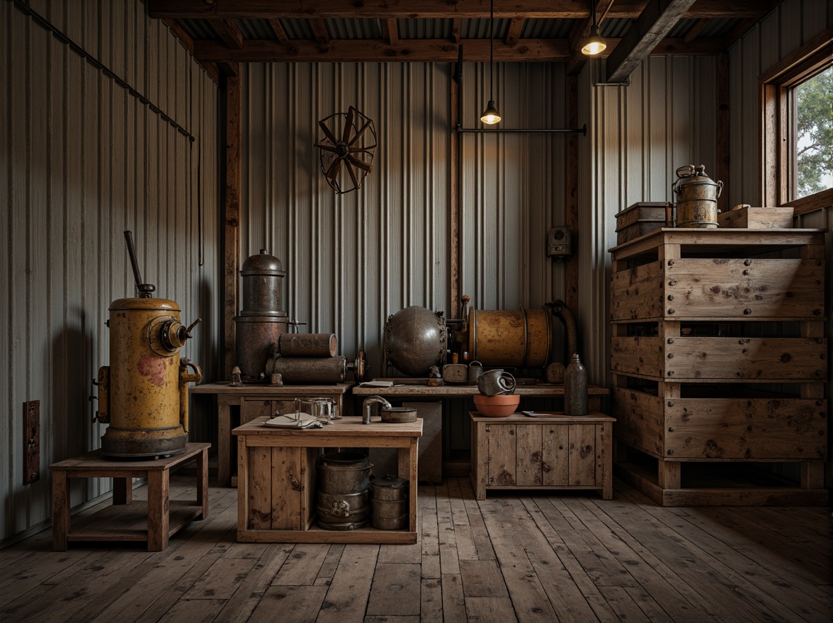 Prompt: Rustic industrial setting, corrugated metal walls, weathered steel surfaces, distressed finishes, exposed fasteners, worn wooden crates, vintage machinery parts, earthy tone color palette, warm soft lighting, shallow depth of field, 1/2 composition, realistic textures, ambient occlusion.