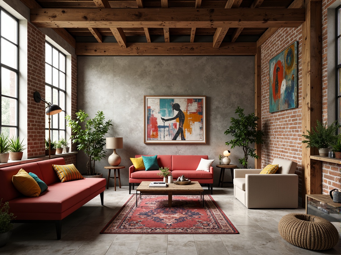 Prompt: Vibrant art studio, eclectic furniture, abstract paintings, natural wood accents, industrial metal beams, exposed brick walls, cozy atmosphere, warm ambient lighting, shallow depth of field, 1/2 composition, realistic textures, soft focus effect, pastel color palette, creamy whites, rich turquoise, deep berry tones, earthy brown hues.