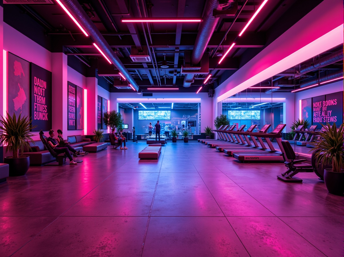 Prompt: Vibrant fitness club, neon color scheme, high-contrast lighting, dynamic beam angles, LED strips, strobe lights, pulsing effects, futuristic ambiance, sleek metal fixtures, minimalist design, polished concrete floors, mirrored walls, energizing atmosphere, intense workout zones, virtual reality training areas, advanced sound systems, motivational quotes, athletic equipment, free weights, treadmills, exercise machines, spacious locker rooms, modern shower facilities, calming relaxation lounge, soft warm glow, 1/2 composition, shallow depth of field, realistic reflections.