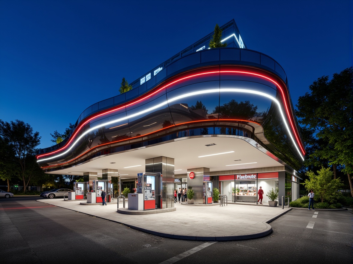 Prompt: Contemporary gas station, sleek metallic fa\u00e7ade, LED lighting, bold color scheme, futuristic architecture, curved lines, minimalist design, energy-efficient systems, solar panels, green roofs, recycled materials, eco-friendly infrastructure, modern fuel pumps, digital payment systems, comfortable waiting areas, large windows, natural ventilation, ambient occlusion, shallow depth of field, 3/4 composition, panoramic view.