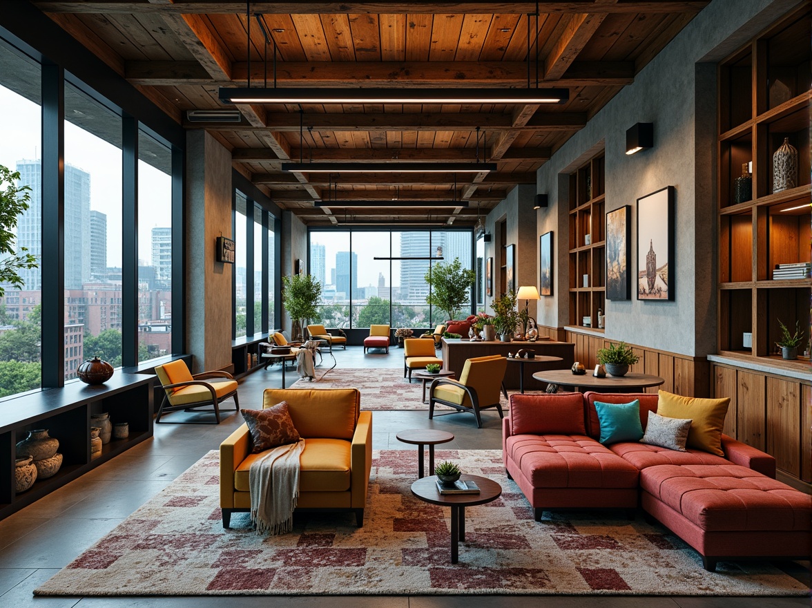 Prompt: Modern fusion-style interior, eclectic furniture pieces, vibrant color scheme, contrasting textures, industrial metal accents, reclaimed wood elements, minimalist decor, open-plan layout, curved lines, asymmetrical composition, abundant natural light, floor-to-ceiling windows, sliding glass doors, urban cityscape views, atmospheric ambient lighting, shallow depth of field, 1/2 composition, realistic reflections, intricate architectural details.