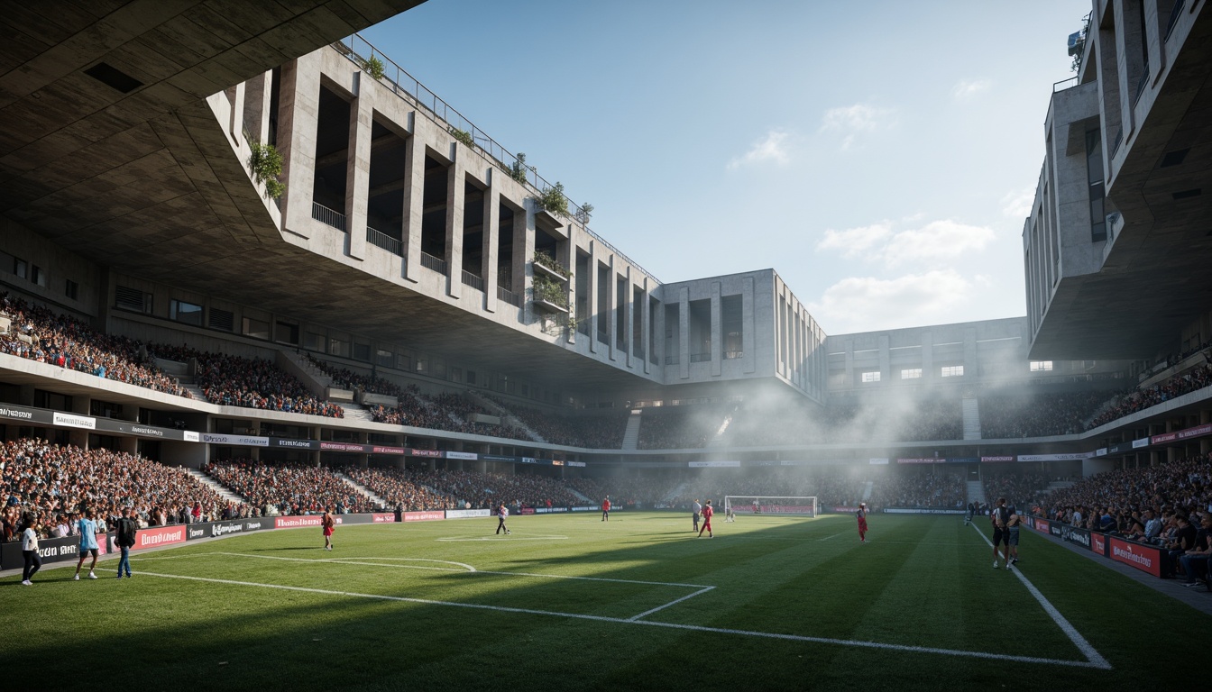 Prompt: Rugged football stadium, brutalist architecture, exposed concrete structures, angular lines, fortress-like fa\u00e7ade, cantilevered roofs, bold geometric forms, raw industrial materials, steel beams, reinforced concrete columns, monumental scale, dramatic lighting, atmospheric smoke effects, intense crowd scenes, dynamic camera movements, low-angle shots, cinematic composition, high-contrast color grading.