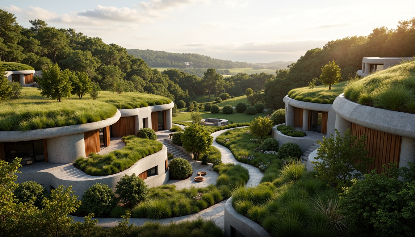 Prompt: Harmonious landscape integration, lush green roofs, verdant walls, organic building forms, curvaceous lines, natural stone cladding, wooden accents, minimalist modern architecture, seamless transitions, blurred boundaries, scenic overlooks, panoramic views, warm golden lighting, soft focus, shallow depth of field, 1/1 composition, realistic textures, ambient occlusion.