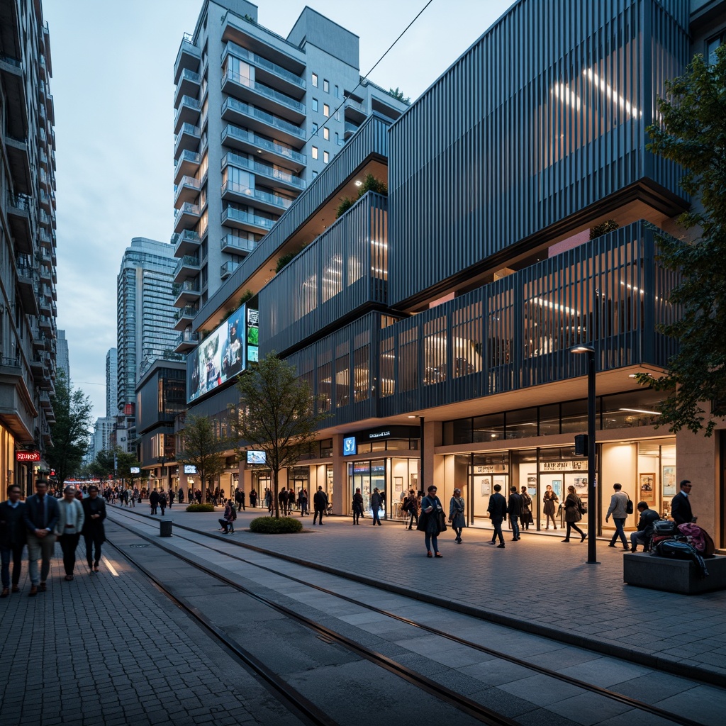 Prompt: Futuristic tram station, dynamic LED lighting, sleek metal fa\u00e7ade, angular lines, minimalist design, high-tech materials, glass roofs, cantilevered canopies, modern signage, electronic displays, real-time information systems, urban cityscape, busy streets, morning rush hour, soft warm lighting, shallow depth of field, 3/4 composition, panoramic view, realistic textures, ambient occlusion.