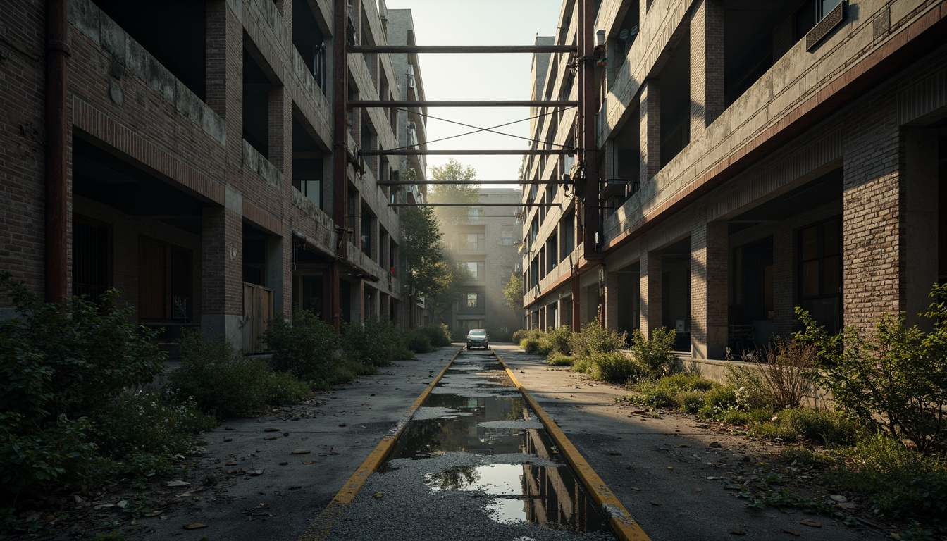 Prompt: Abandoned industrial site, crumbling brick walls, rusty metal beams, overgrown vegetation, cinematic lighting, dramatic shadows, deconstructivist architecture, fragmented forms, abstract compositions, dissonant colors, textured concrete, urban decay, post-apocalyptic atmosphere, eerie silence, low-angle shots, Dutch angles, high-contrast cinematography, film noir aesthetic, avant-garde score, experimental sound design, atmospheric fog, desolate cityscape.