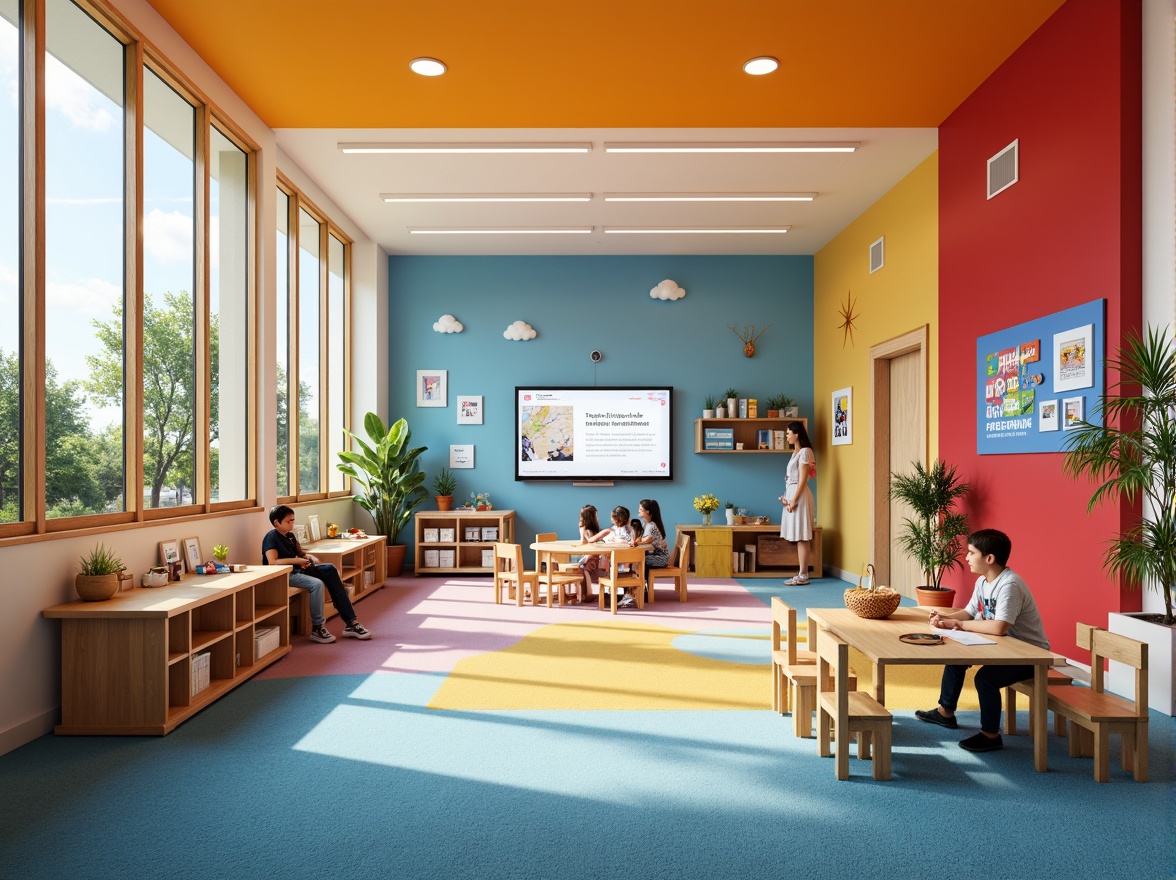 Prompt: Vibrant educational institution, playful kindergarten, bright classrooms, bold color blocks, geometric patterns, inspirational quotes, interactive whiteboards, ergonomic furniture, natural wood accents, soft carpeting, abundant sunlight, warm LED lighting, shallow depth of field, 1/1 composition, realistic textures, ambient occlusion.