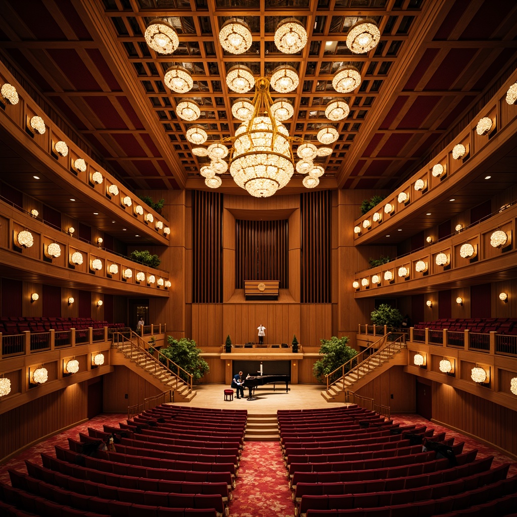 Prompt: Elegant concert hall, ornate chandeliers, plush red velvet seats, wooden acoustic panels, sound-absorbing materials, curved ceilings, intimate stage settings, grand pianos, professional audio equipment, warm soft lighting, shallow depth of field, 1/2 composition, realistic textures, ambient occlusion, luxurious lobby areas, marble floors, sweeping staircases, dramatic interior architecture.