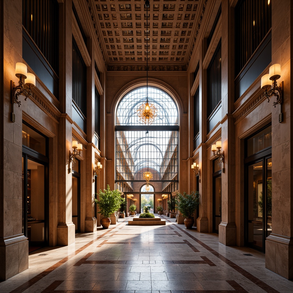 Prompt: Grand entrance, imposing columns, elegant arches, ornate details, luxurious materials, metallic accents, glass fa\u00e7ade, modern minimalist approach, sleek lines, vibrant color scheme, dramatic lighting effects, warm inviting ambiance, shallow depth of field, 1/1 composition, realistic textures, ambient occlusion.