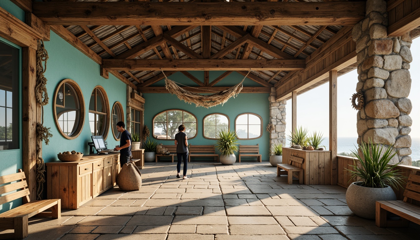 Prompt: Rustic coastal visitor center, weathered wood accents, driftwood decorations, ocean-inspired color palette, turquoise hues, sandy beige tones, nautical rope details, porthole windows, natural stone walls, reclaimed wooden planks, corrugated metal roofing, salty sea air, misty morning light, soft warm glow, shallow depth of field, 1/1 composition, intimate interior spaces, realistic wood textures, ambient occlusion.