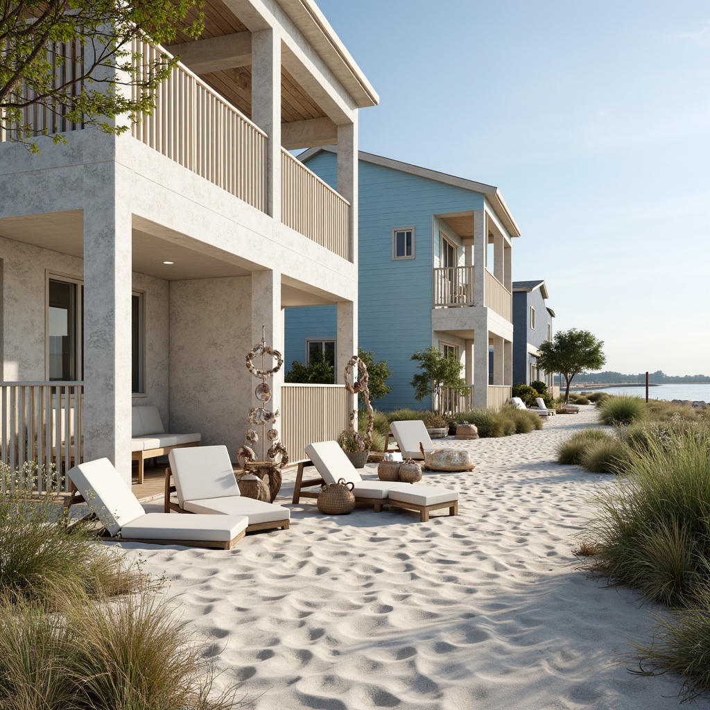 Prompt: Sandy beachside, oceanfront buildings, pastel color palette, soft blues, calming whites, warm beige, natural wood accents, weathered stone walls, nautical themed decorations, seashell wind chimes, driftwood furniture, ocean-inspired patterns, light airy interiors, floor-to-ceiling windows, sliding glass doors, coastal landscape views, sunny day, gentle sea breeze, soft warm lighting, shallow depth of field, 3/4 composition, panoramic view, realistic textures, ambient occlusion.