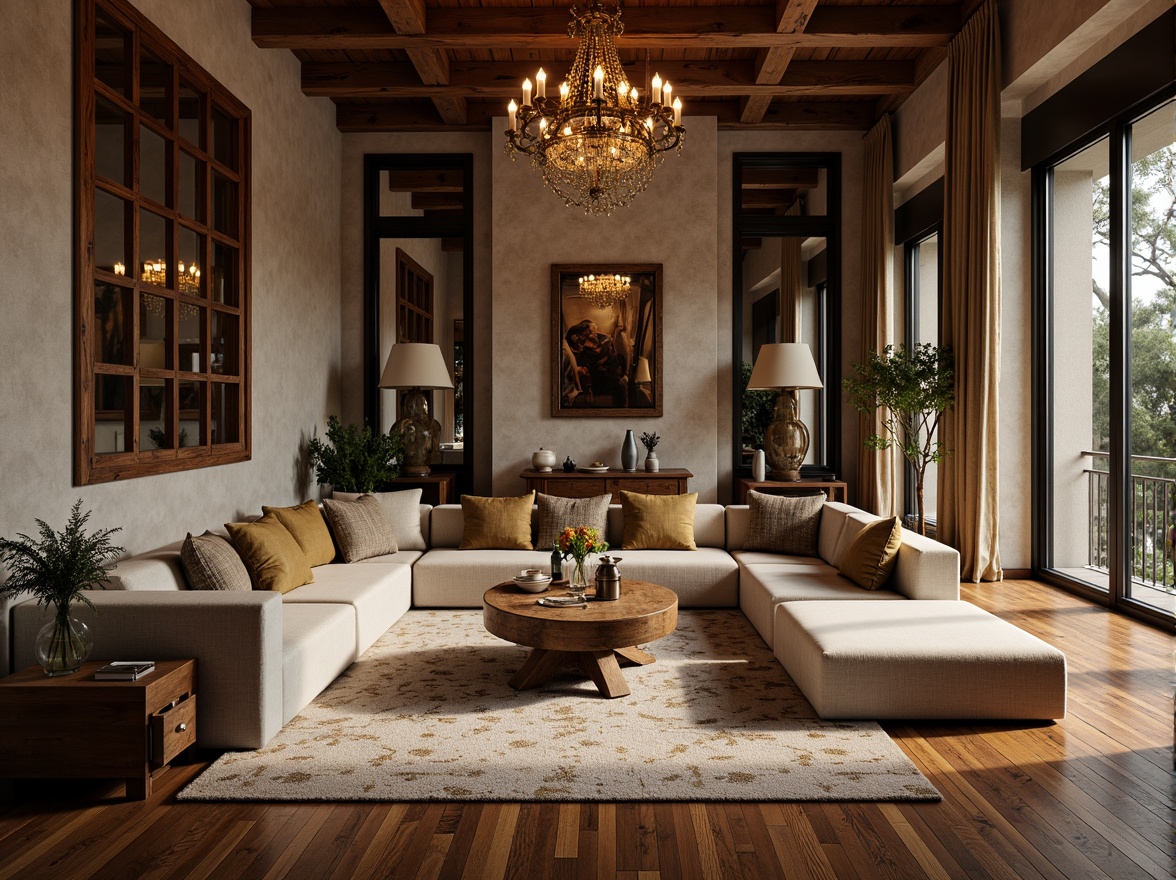 Prompt: Cozy living room, warm wooden flooring, plush carpeting, comfortable sofas, soft cushions, rustic coffee tables, elegant chandeliers, floor-to-ceiling windows, natural daylight, calming color palette, earthy tones, textured walls, luxurious fabrics, ornate mirrors, artistic decorations, intimate ambiance, warm lighting, shallow depth of field, 1/1 composition, realistic textures, ambient occlusion.