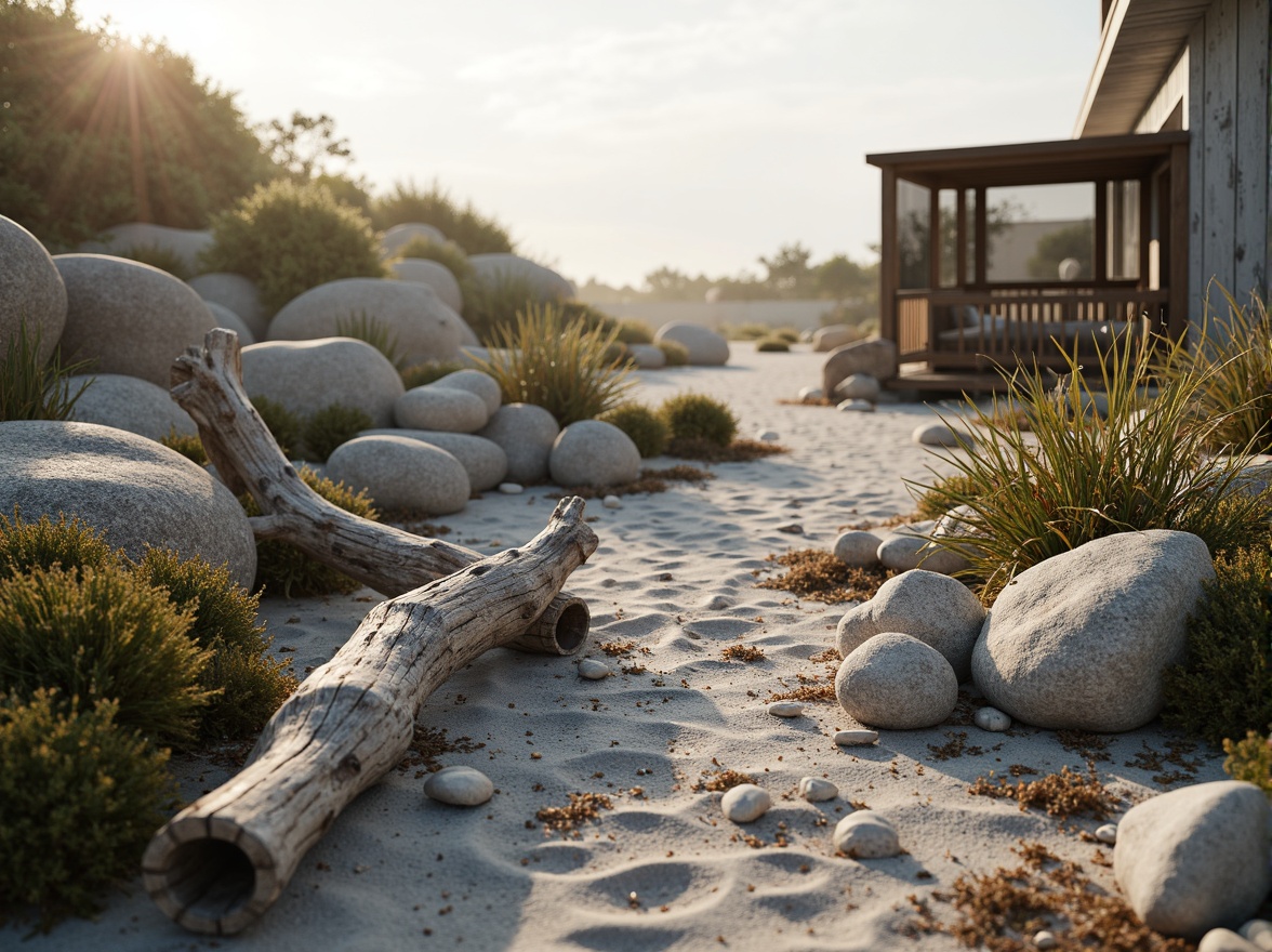 Prompt: Weathered driftwood, ocean-polished pebbles, sandy dunes, seaweed-covered rocks, misty mornings, soft warm lighting, shallow depth of field, 3/4 composition, realistic textures, ambient occlusion, beachside walkways, rustic wooden fences, nautical-themed decorations, distressed wood accents, sea-salt-weathered metal fixtures, ocean-inspired color palette, calming blues and whites, natural fabrics, woven rattan furniture, reclaimed wood walls, pebbledash surfaces, ocean-breeze-cooled outdoor spaces.