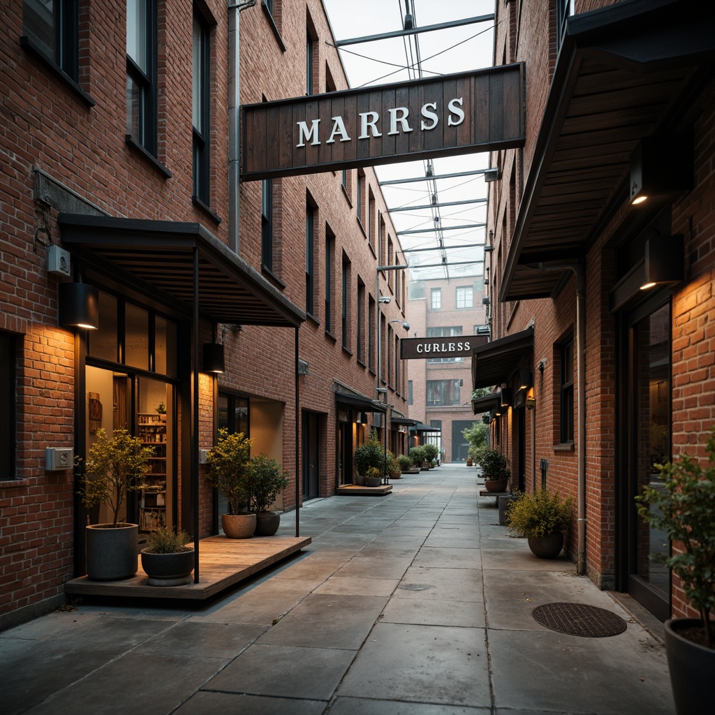 Prompt: Rustic warehouse facade, exposed brick walls, metal corrugated roofing, industrial steel beams, wooden loading docks, distressed wood accents, vintage pulley systems, worn concrete floors, reclaimed wood cladding, weathered metal signage, urban alleyway setting, morning misty atmosphere, soft warm lighting, shallow depth of field, 2/3 composition, realistic textures, ambient occlusion.