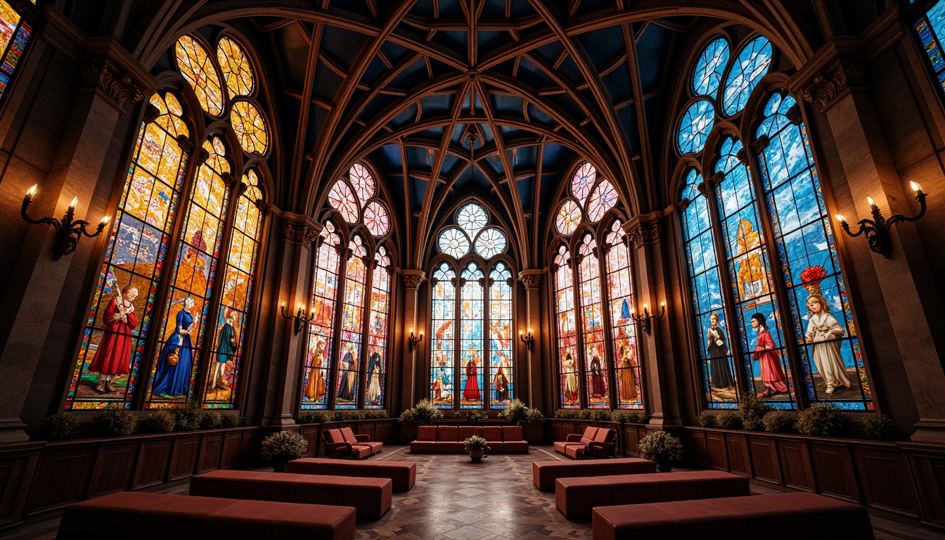 Prompt: Vibrant stained glass windows, kaleidoscope colors, intricate designs, Gothic architecture, ornate details, mystical ambiance, warm natural light, rich textures, luxurious materials, opulent decorations, grand cathedral settings, serene atmosphere, soft diffused lighting, shallow depth of field, 1/1 composition, realistic reflections.