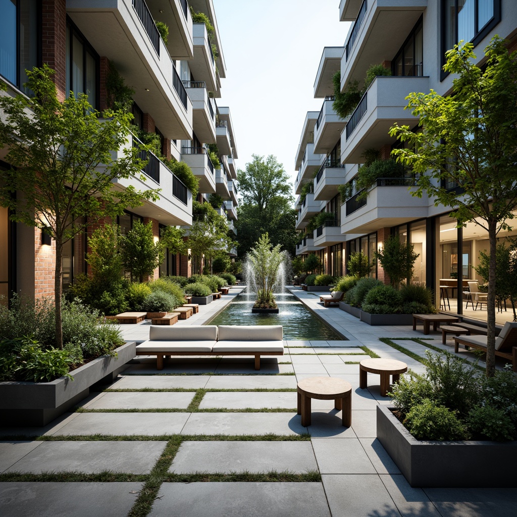 Prompt: Contemporary courtyard, sleek water features, lush green walls, minimalist planters, geometric paving patterns, angular stone benches, modern sculptures, vibrant outdoor lighting, soft misting systems, natural stone pathways, low-maintenance gardens, succulent arrangements, abstract art installations, urban oasis atmosphere, shallow depth of field, 1/1 composition, panoramic view, realistic textures, ambient occlusion.