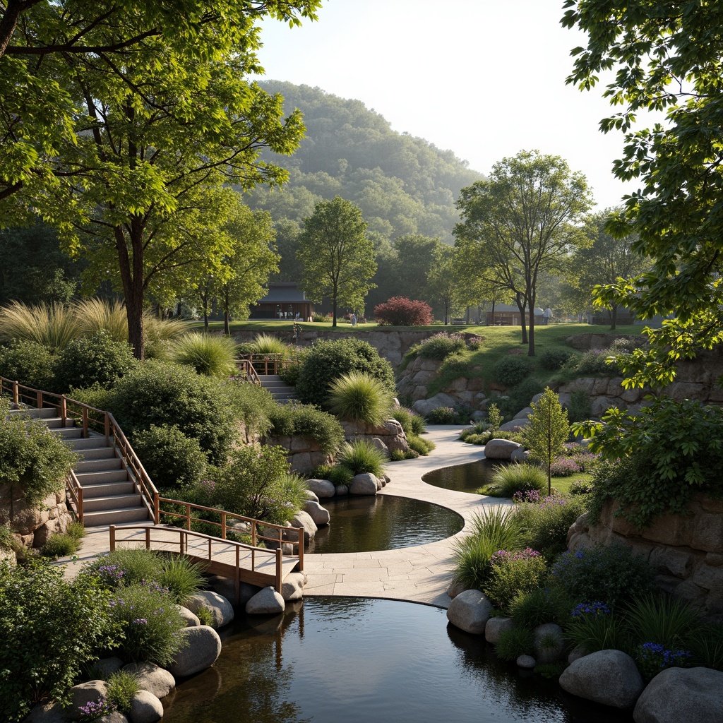 Prompt: Seamless landscape integration, organic curves, natural stone walls, lush green roofs, native plant species, meandering pathways, wooden bridges, serene water features, reflective pools, tranquil atmosphere, warm soft lighting, shallow depth of field, 3/4 composition, panoramic view, realistic textures, ambient occlusion.