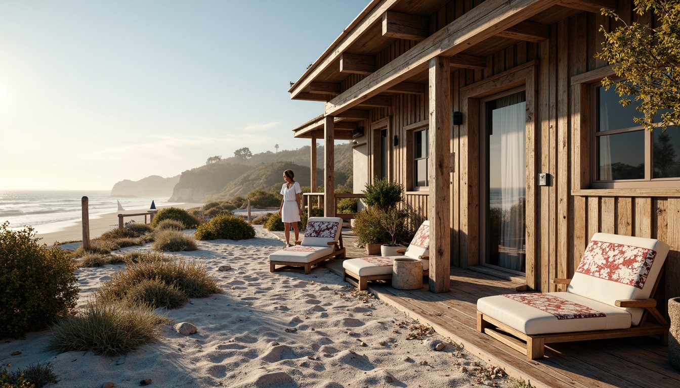 Prompt: Rustic coastal cottage, weathered wood planks, driftwood accents, sandy dunes, seaside pebbles, ocean-inspired color palette, distressed finishes, nautical rope details, vintage fishing nets, coral-patterned textiles, sea-salt air, warm sunlight, soft misty atmosphere, shallow depth of field, 1/1 composition, cinematic lighting, highly detailed textures, subtle ambient occlusion.