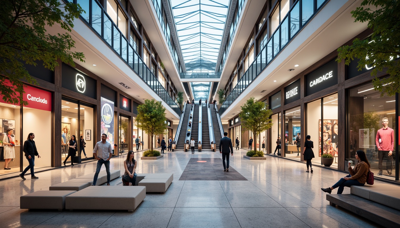 Prompt: Vibrant shopping mall, modern atrium, natural light pouring in, sleek escalators, polished marble floors, elegant glass railings, stylish benches, dynamic LED lighting, colorful storefront displays, luxurious brand logos, premium material finishes, airy open spaces, comfortable seating areas, soft background music, shallow depth of field, 1/2 composition, warm and inviting atmosphere, realistic reflections, ambient occlusion.