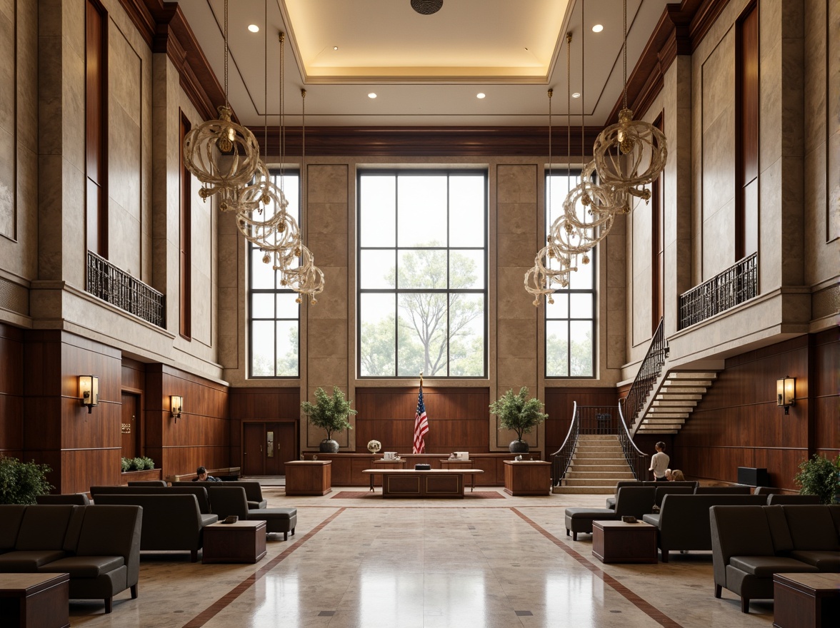 Prompt: Grand courthouse interior, high ceilings, ornate chandeliers, polished marble floors, rich wood paneling, elegant staircases, spacious atriums, natural light pouring in, comfortable seating areas, acoustic panels, minimalist decor, subtle color schemes, sophisticated lighting systems, grand jury rooms, formal courtrooms, private judges' chambers, secure prisoner holding cells, accessible ramps, efficient circulation paths, 1/2 composition, softbox lighting, ambient occlusion.