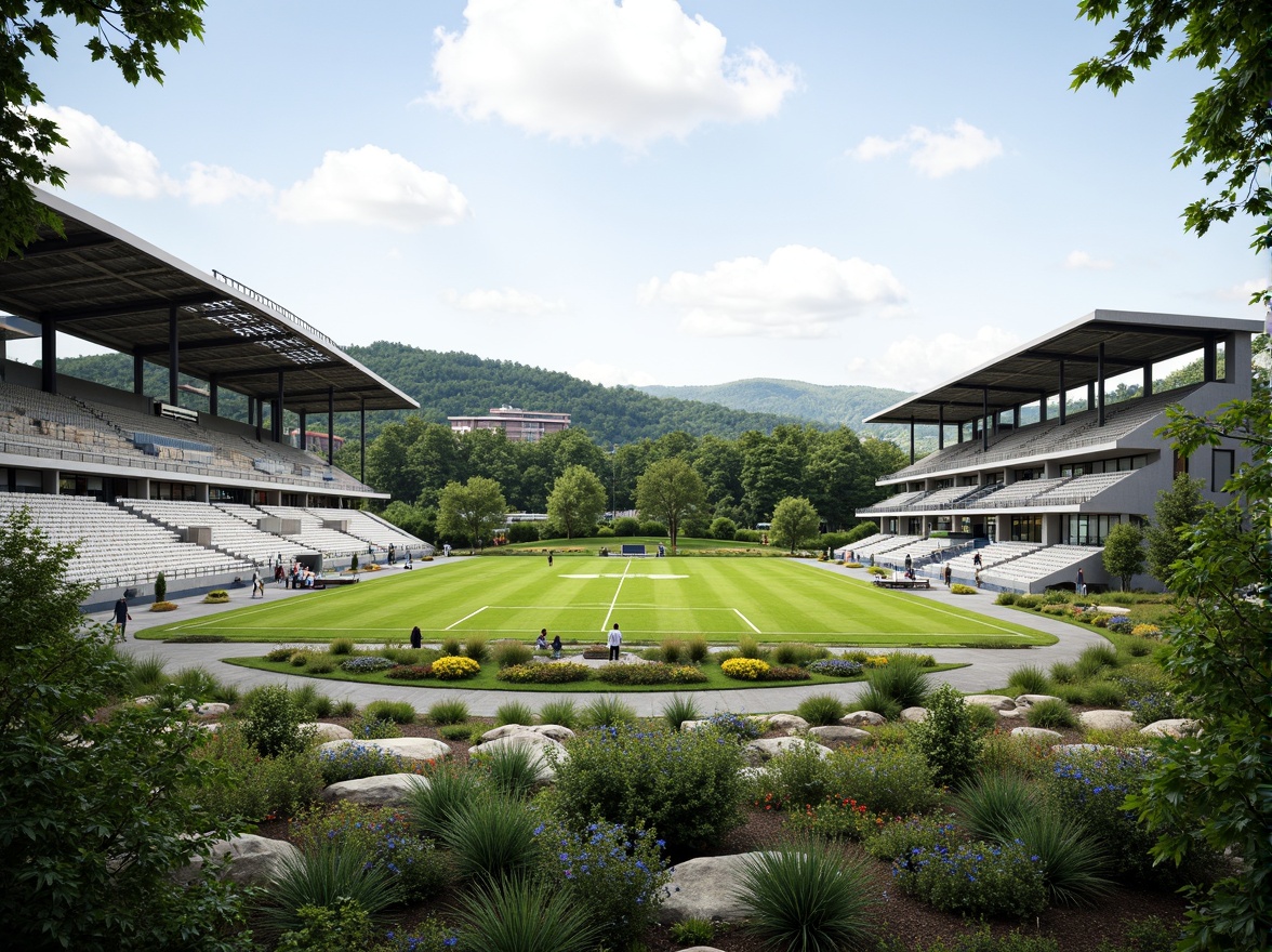 Prompt: Panoramic stadium views, lush green hillsides, curved landscape edges, natural stone seating areas, vibrant flowerbeds, modern athletic facilities, sleek metal structures, cantilevered roofs, vast open concourses, tiered seating systems, transparent glass railings, dynamic LED lighting, 1/1 composition, shallow depth of field, realistic textures, ambient occlusion, integrated landscape design, ecological balance, sustainable materials, recycled rubber tracks, eco-friendly irrigation systems, native plant species, organic shape inspirations.