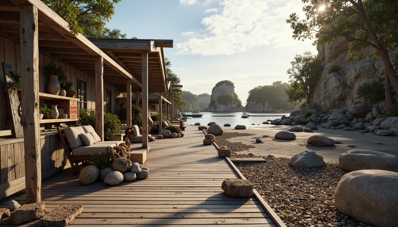 Prompt: Weathered wooden docks, driftwood accents, sea-eroded rocks, sandy beaches, ocean-worn pebbles, rustic nautical ropes, vintage fishing nets, distressed wooden planks, faded beach signs, salty sea air, warm golden sunlight, shallow depth of field, 3/4 composition, realistic textures, ambient occlusion.