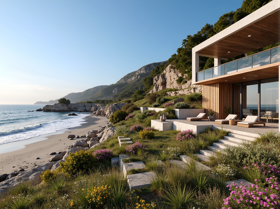 Prompt: Seaside cliffside, rugged coastline, sandy beaches, ocean waves, salty air, beachfront properties, modern coastal architecture, large windows, sliding glass doors, outdoor living spaces, wooden decks, nautical-inspired design, weathered wood accents, driftwood sculptures, sea-salt finishes, coral-inspired patterns, tropical landscaping, palm trees, vibrant beach flowers, sunny day, warm natural lighting, shallow depth of field, 3/4 composition, panoramic view, realistic textures, ambient occlusion.