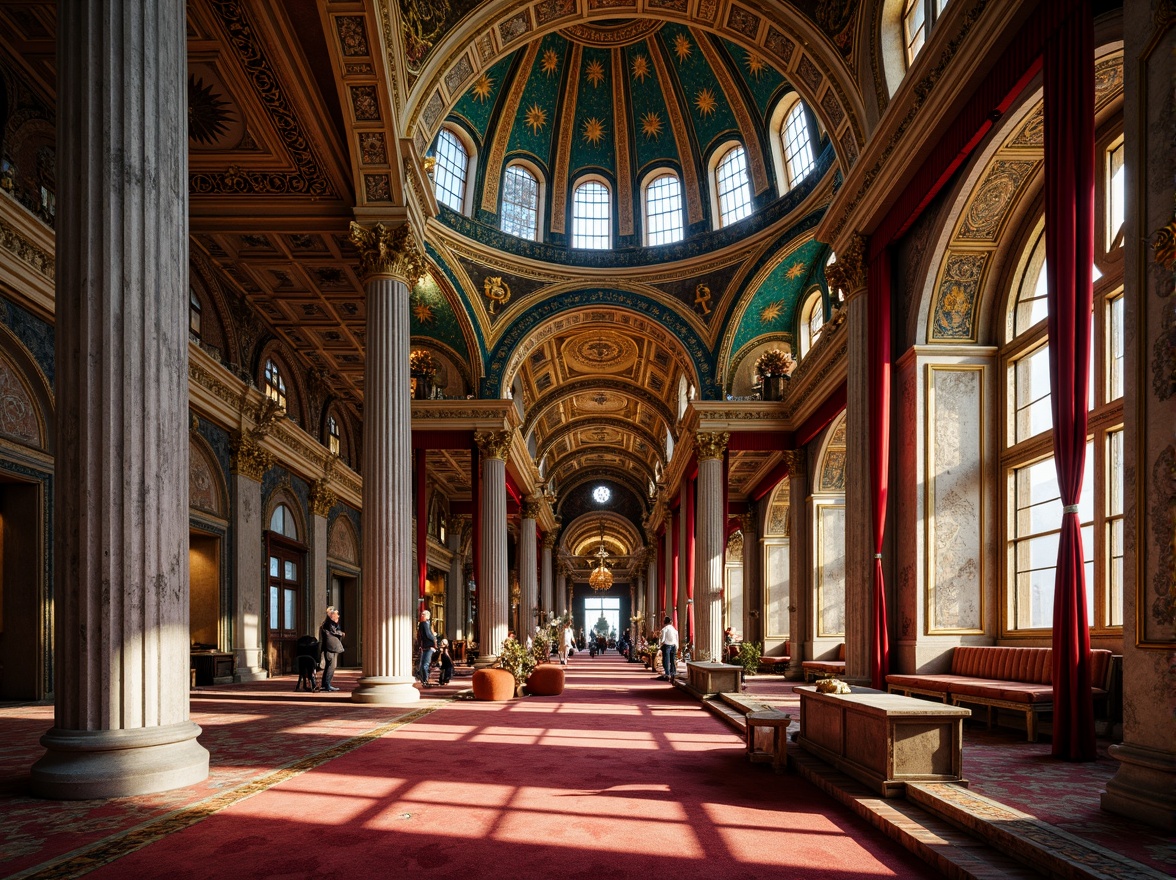 Prompt: \Majestic Byzantine cathedral, intricate stone carvings, gilded domes, vibrant mosaics, rich gold accents, deep crimson reds, celestial blues, emerald greens, ornate marble columns, luxurious velvet drapes, warm golden lighting, dramatic shadows, high contrast ratio, 1/2 composition, symmetrical framing, detailed textures, ambient occlusion.\