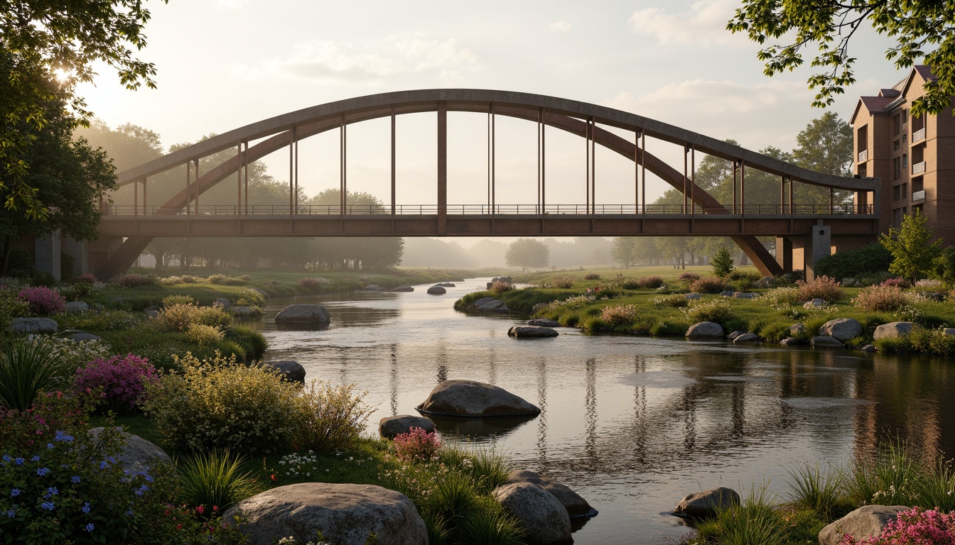 Prompt: Curved bridge silhouette, regionalist architecture style, innovative building form, asymmetrical shapes, cantilevered structures, dynamic lines, rust-colored steel beams, weathered wood accents, natural stone foundations, undulating water flow, serene riverbank setting, lush greenery, vibrant flowers, misty morning atmosphere, soft warm lighting, shallow depth of field, 3/4 composition, panoramic view, realistic textures, ambient occlusion.