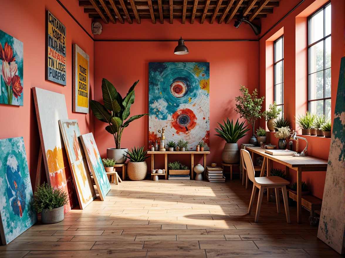 Prompt: Vibrant art studio, eclectic mix of colors, bold brushstrokes, textured canvases, abstract expressionism, bright coral walls, sleek wooden floors, natural light pouring in, inspirational quotes, artistic freedom, 3/4 composition, shallow depth of field, warm soft lighting, realistic textures, ambient occlusion.