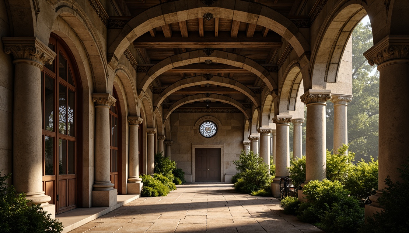 Prompt: Rustic stone arches, rounded Romanesque columns, ornate capitals, earthy tones, moss-covered walls, weathered stonework, grand entranceways, heavy wooden doors, intricate carvings, stained glass windows, vaulted ceilings, dramatic lighting, warm color palette, natural textures, mysterious ambiance, cinematic composition, 1/2 framing, soft focus effect.