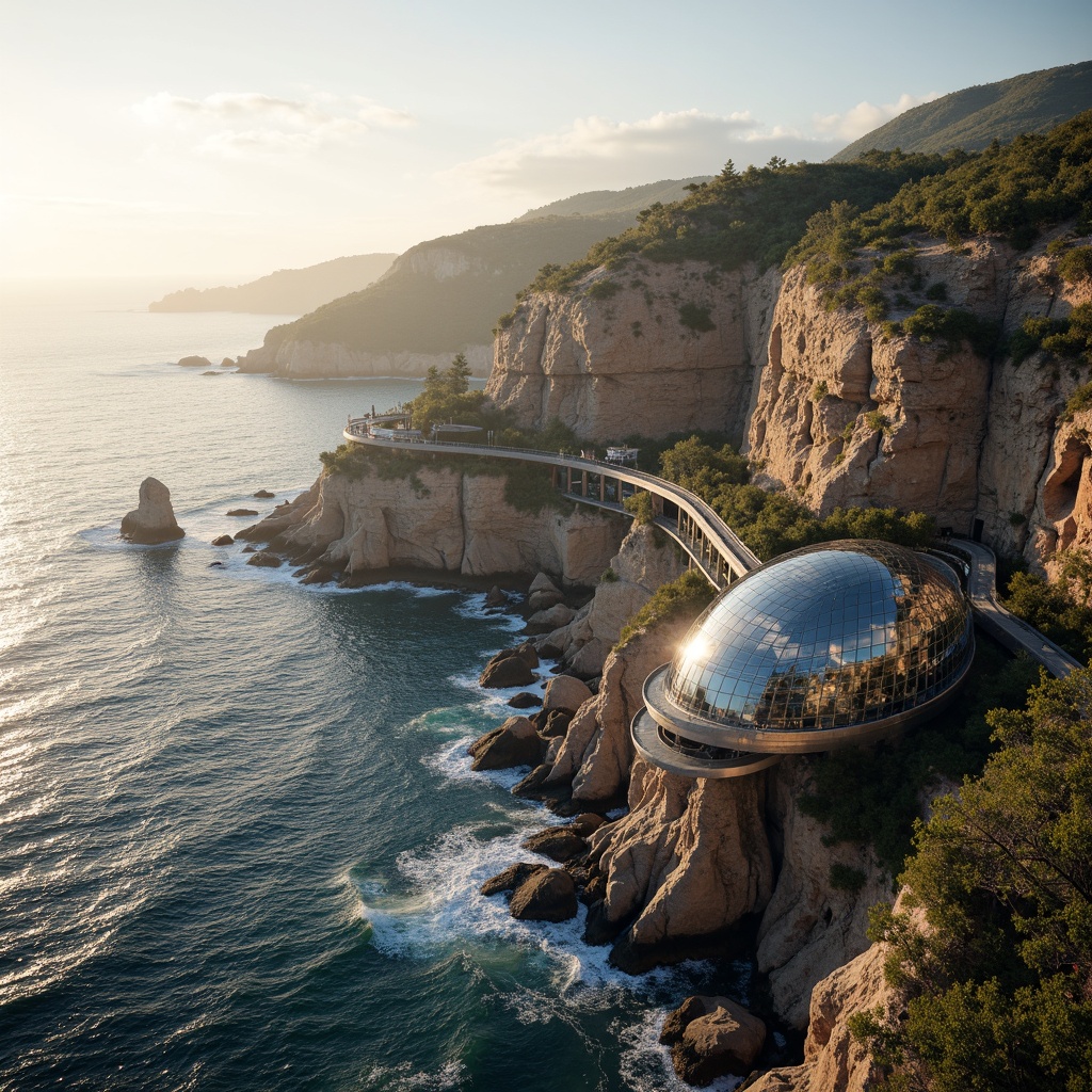 Prompt: Undulating coastal waves, rugged cliffside, salty sea air, majestic blob-like bridges, futuristic structural design, curved steel arches, translucent glass walkways, iridescent shell-inspired facades, ocean-breeze ventilation systems, sustainable marine materials, tidal-powered energy harvesting, adaptive wave-resistance technology, cantilevered observation decks, panoramic ocean views, warm golden lighting, shallow depth of field, 1/1 composition, realistic water textures, ambient occlusion.